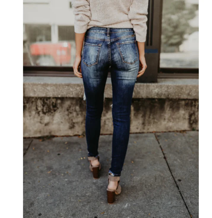 Women's Ripped Skinny Jeans - Mid-Rise Denim Pants