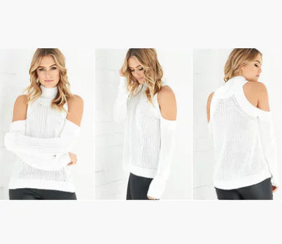 Solid Color High Neck Off-Shoulder Knit Sweater for Women