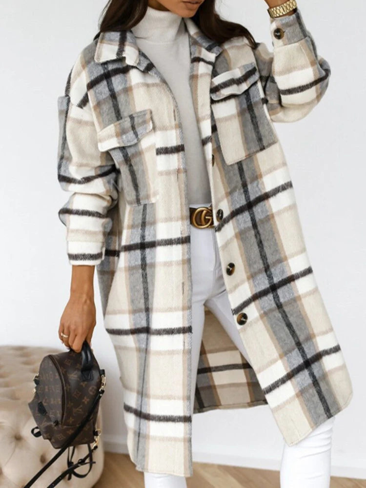 Women's Long Sleeve Wool Plaid Trench Coat for Fall
