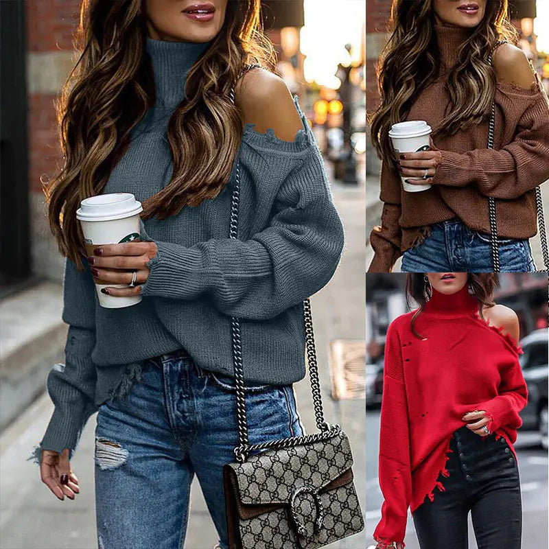 Cross-Border Knit Sweater with Off-Shoulder Design