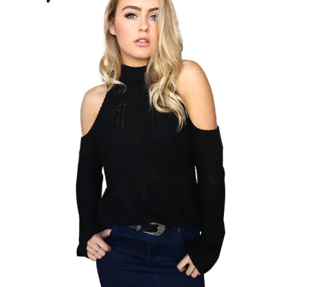 Solid Color High Neck Off-Shoulder Knit Sweater for Women