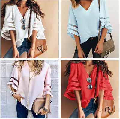 V-Neck Mesh Patchwork Top