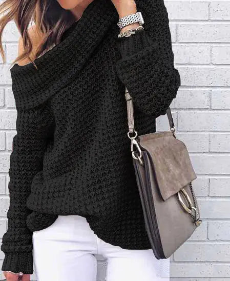 Women's Solid Color High Neck Off-Shoulder Knit Sweater