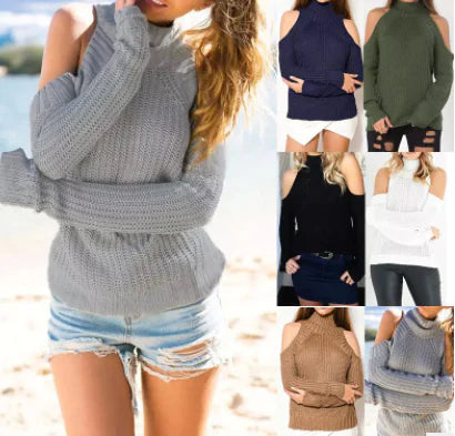 Solid Color High Neck Off-Shoulder Knit Sweater for Women