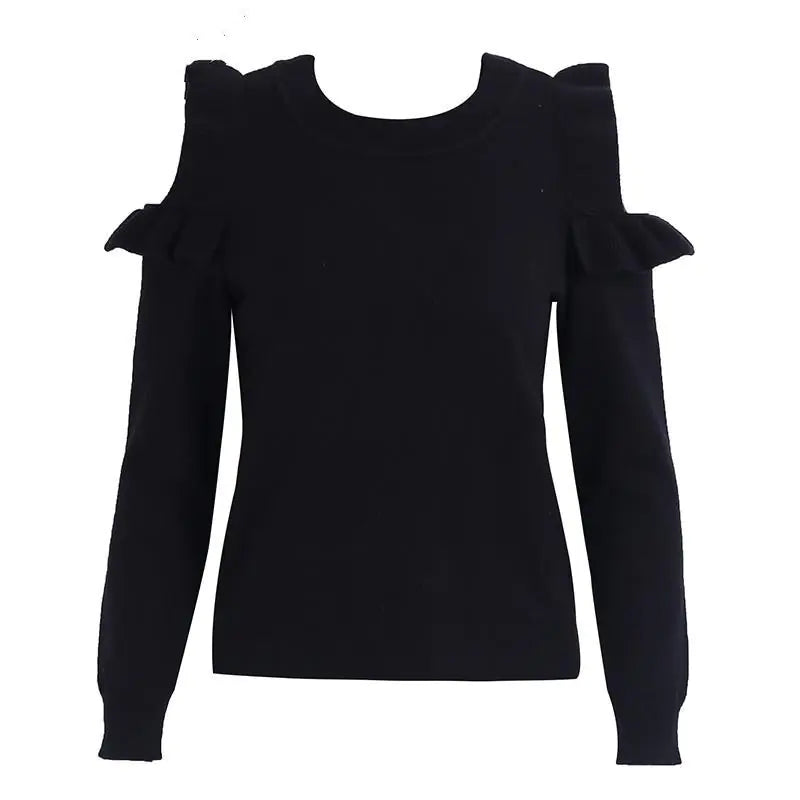 Off-Shoulder Ruffled Knit Sweater