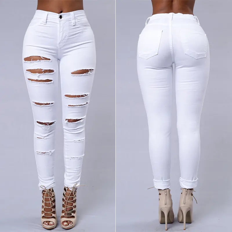 High Rise Ripped White Denim Skinny Jeans for Women