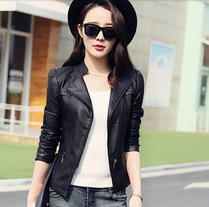 2019 Spring Autumn Women's Slim Fit PU Leather Jacket