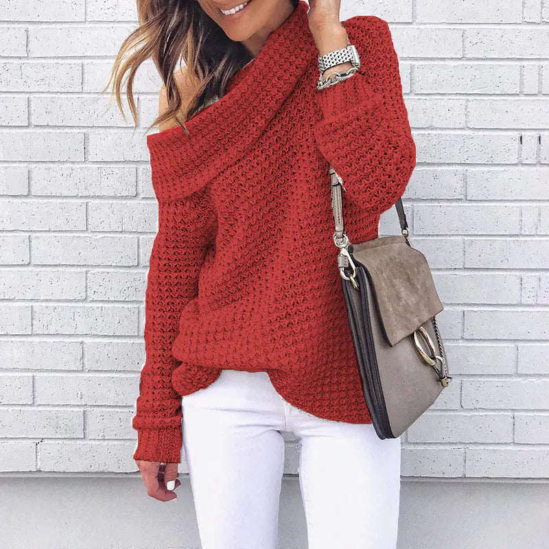 Women's Solid Color High Neck Off-Shoulder Knit Sweater