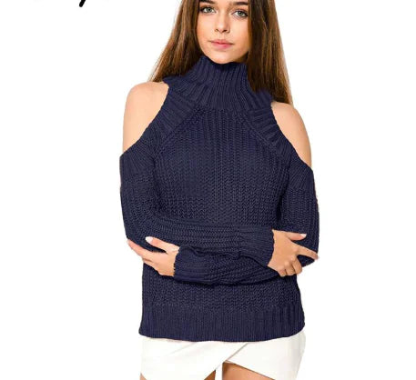 Solid Color High Neck Off-Shoulder Knit Sweater for Women