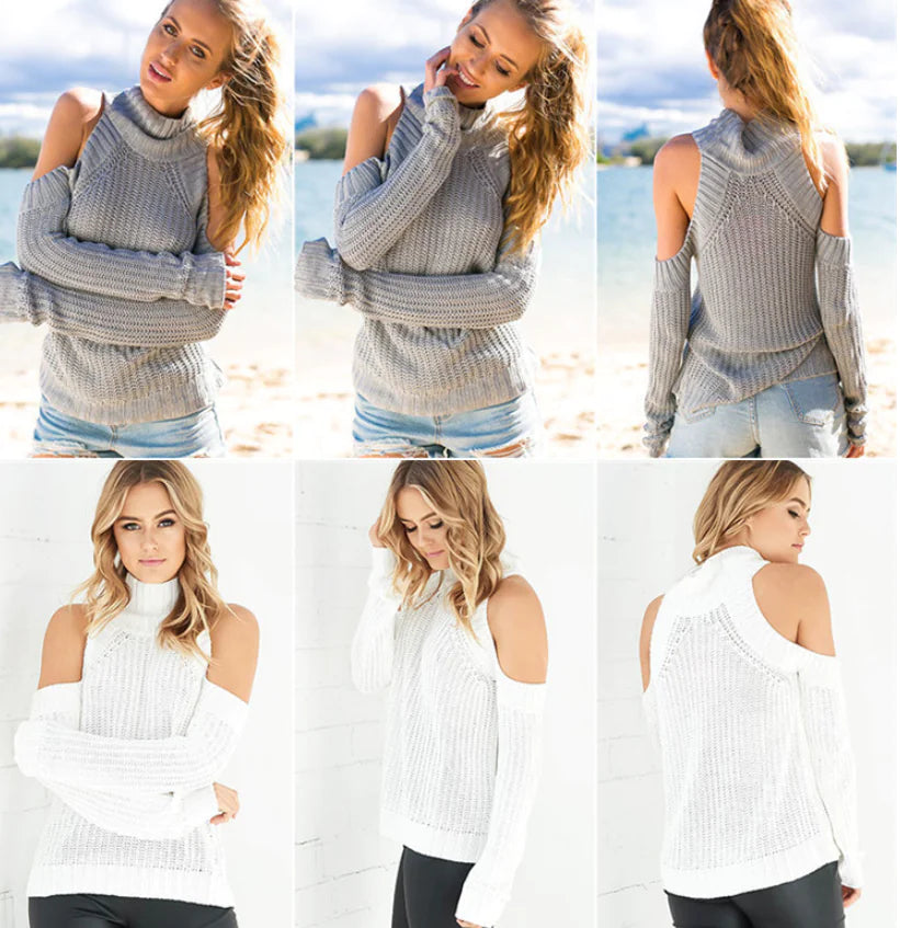Solid Color High Neck Off-Shoulder Knit Sweater for Women