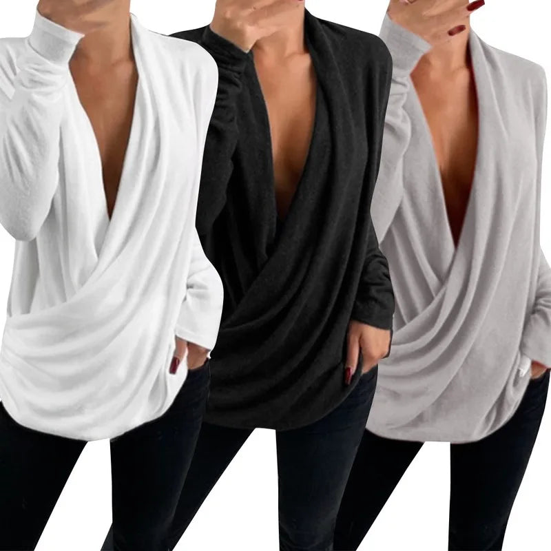 V Neck Long Sleeve Pleated Wrap Blouse