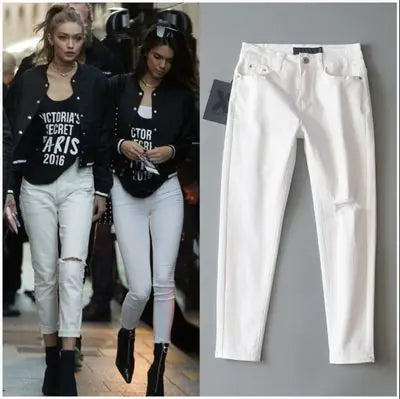 Ripped White 9-Point Harem Denim Pants