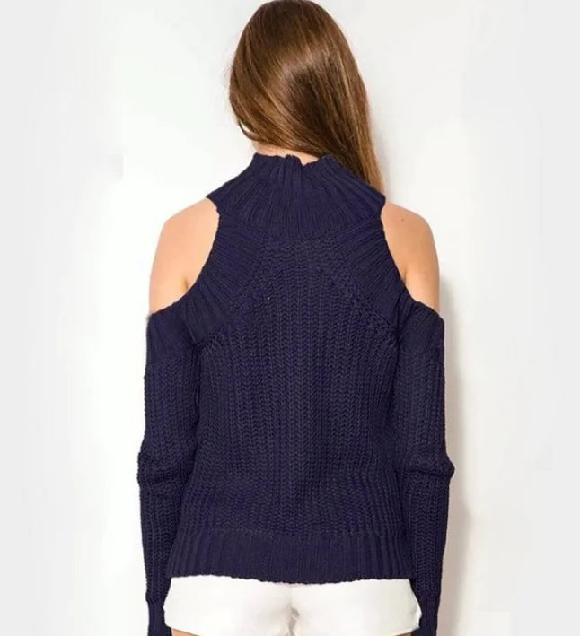 Solid Color High Neck Off-Shoulder Knit Sweater for Women