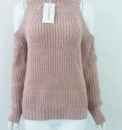 Solid Color High Neck Off-Shoulder Knit Sweater for Women