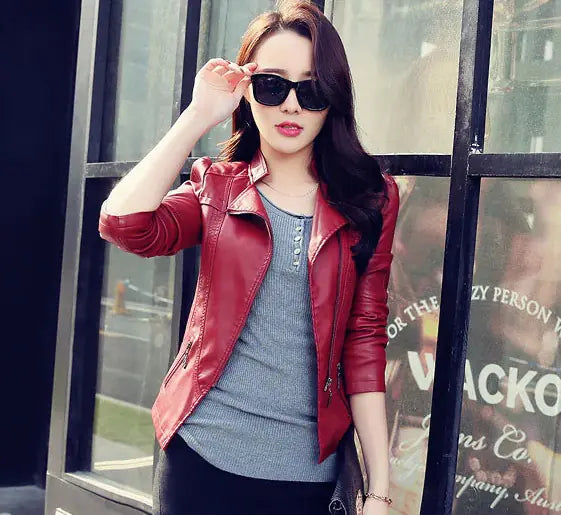2019 Spring Autumn Women's Slim Fit PU Leather Jacket