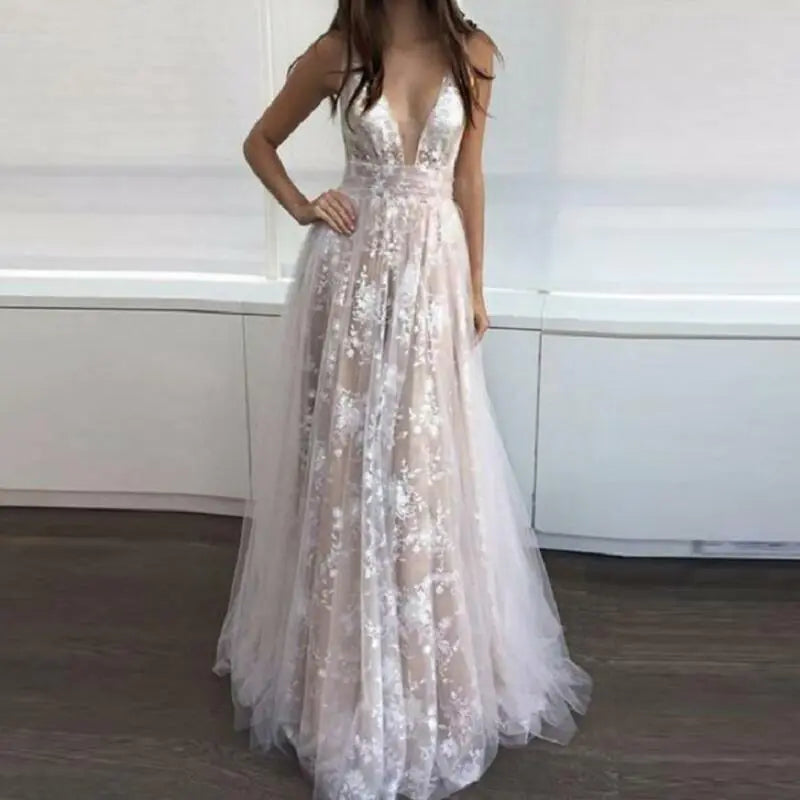 Lace Deep V Long Gown