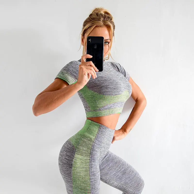 Women's Yoga Set with Short Sleeve and High Waist Leggings