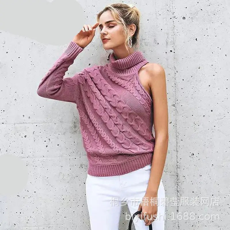 One-Shoulder Cable Knit Turtleneck Sweater