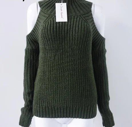 Solid Color High Neck Off-Shoulder Knit Sweater for Women