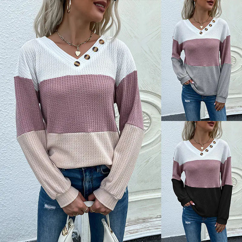 Women’s V-neck Color Block Waffle Knit Pullover