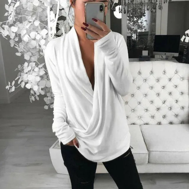V Neck Long Sleeve Pleated Wrap Blouse