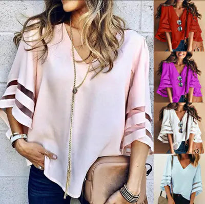 V-Neck Mesh Patchwork Top
