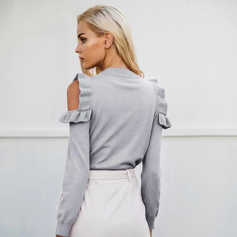 Off-Shoulder Ruffled Knit Sweater