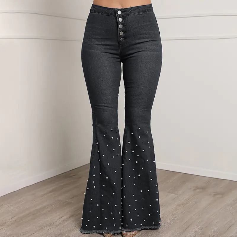 Embellished Stretch Denim Flare Jeans