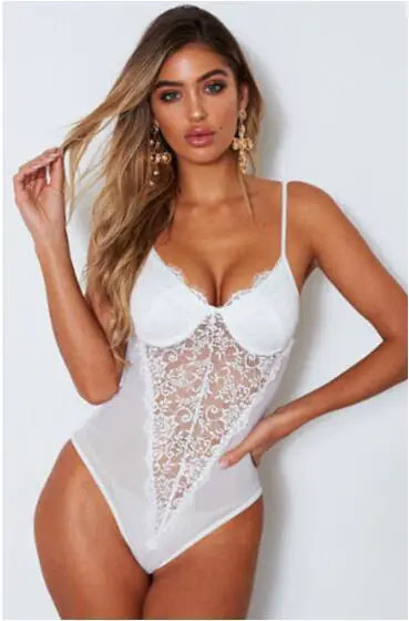 V-Shaped Iron Ring Lace Bodysuit for Women