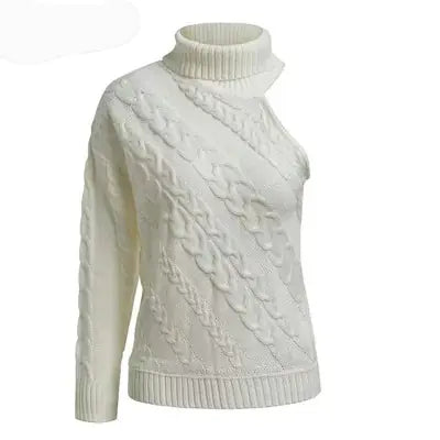 One-Shoulder Cable Knit Turtleneck Sweater