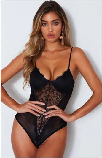 V-Shaped Iron Ring Lace Bodysuit for Women