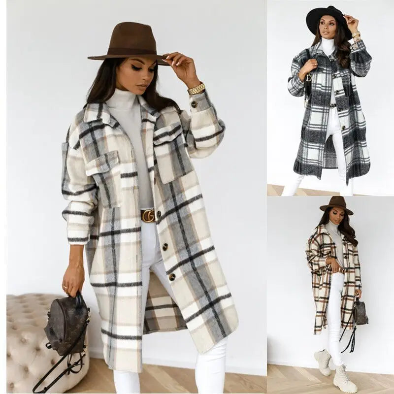 Women's Long Sleeve Wool Plaid Trench Coat for Fall