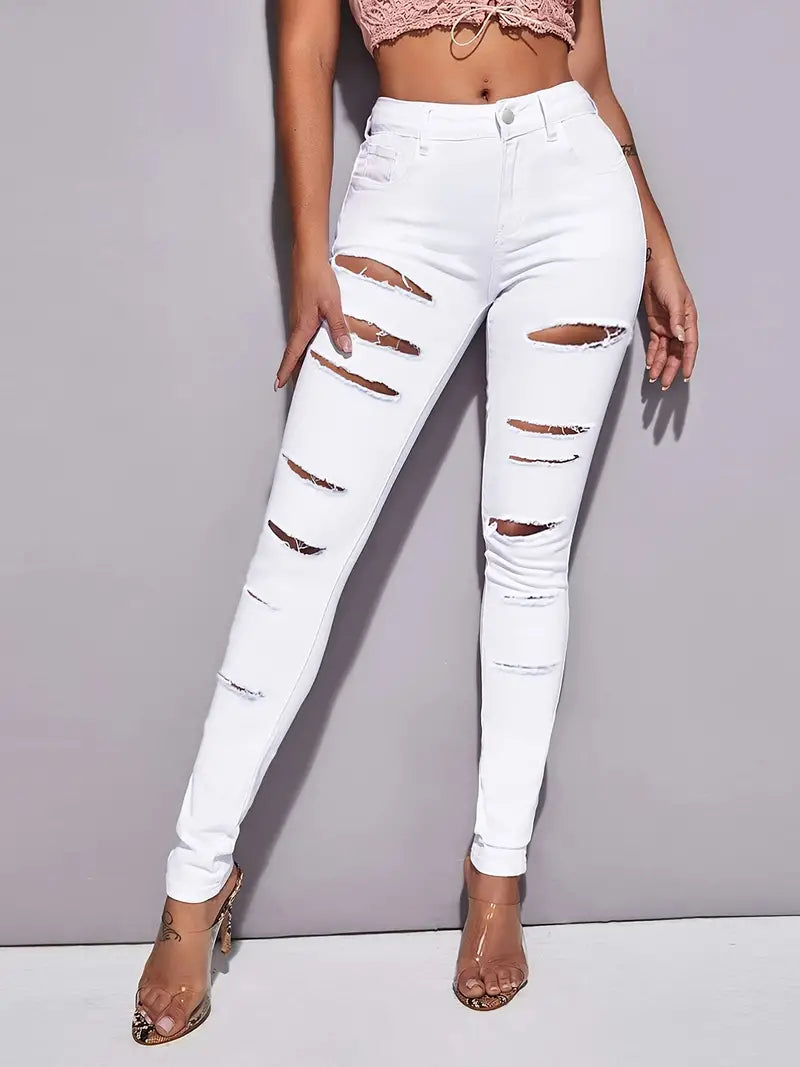 High Rise Ripped White Denim Skinny Jeans for Women