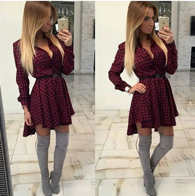 Striped Long Sleeve Shirt and Dress with Belt for Women