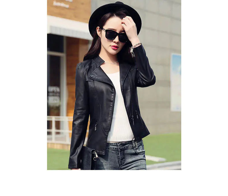 2019 Spring Autumn Women's Slim Fit PU Leather Jacket