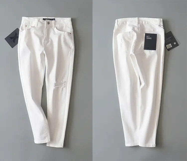Ripped White 9-Point Harem Denim Pants