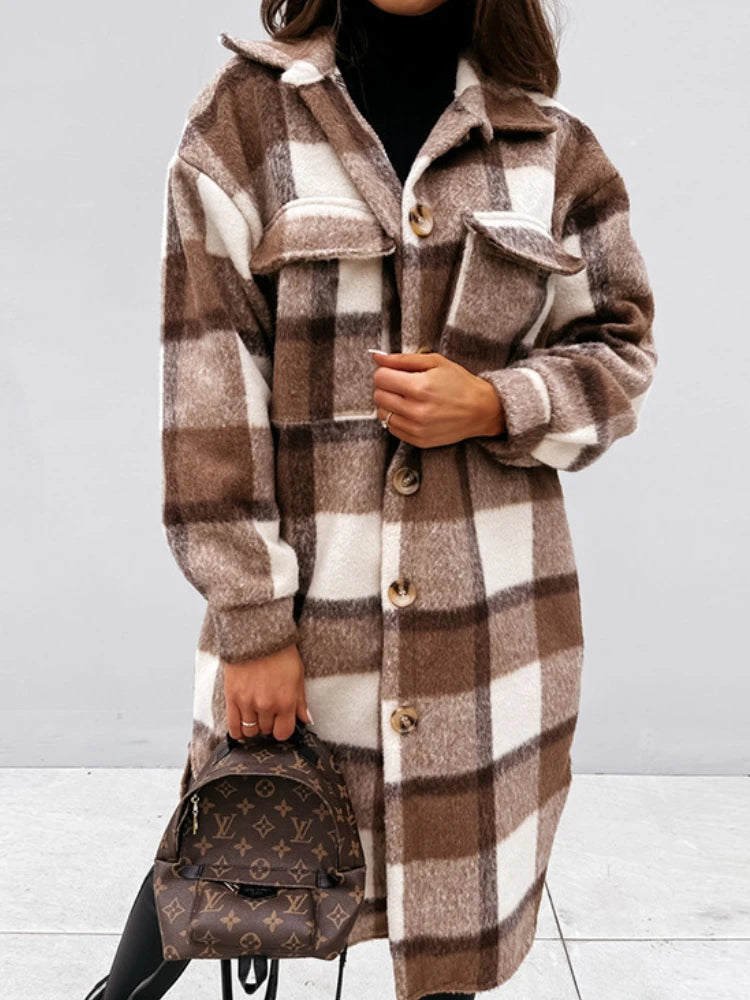 Women's Long Sleeve Wool Plaid Trench Coat for Fall