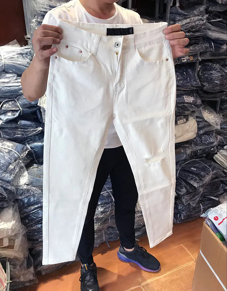 Ripped White 9-Point Harem Denim Pants