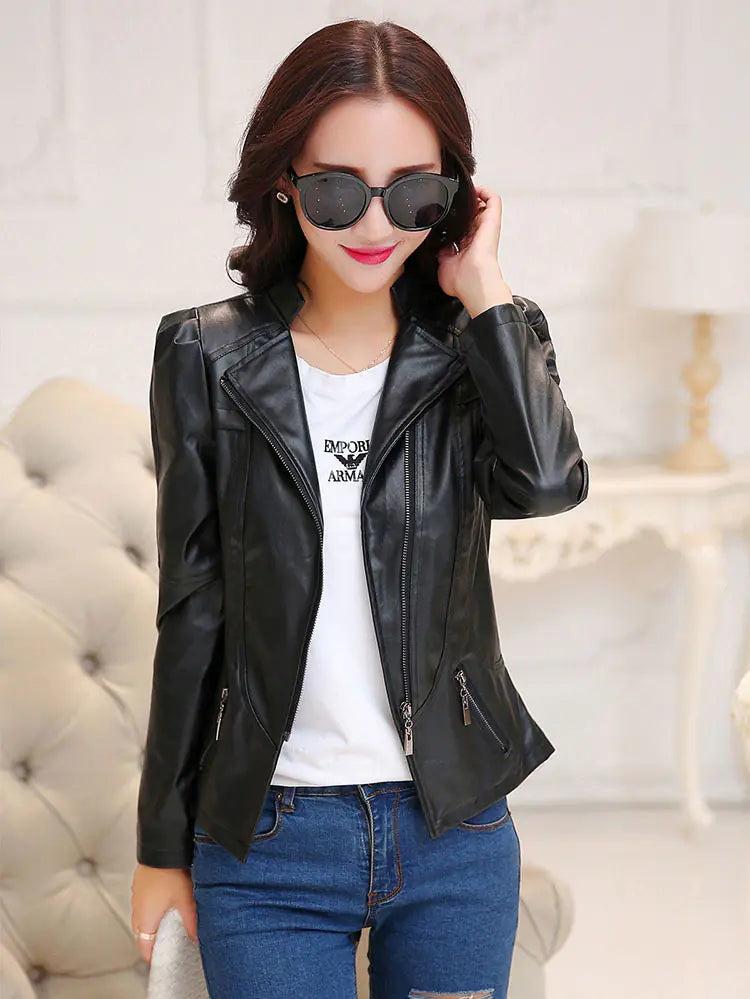 2019 Spring Autumn Women's Slim Fit PU Leather Jacket