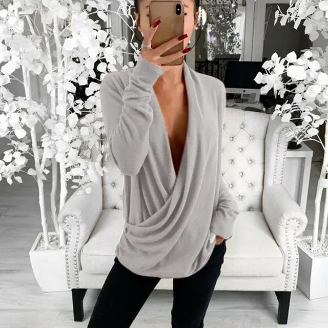 V Neck Long Sleeve Pleated Wrap Blouse