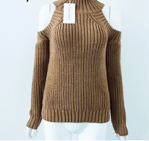 Solid Color High Neck Off-Shoulder Knit Sweater for Women