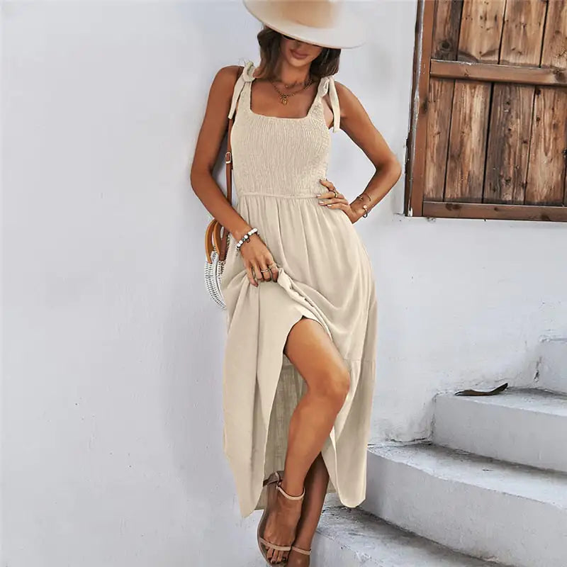 Women’s Summer Splicing Solid Black Strap Dress