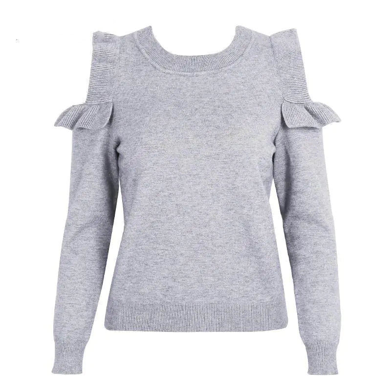 Off-Shoulder Ruffled Knit Sweater