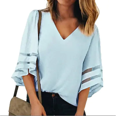 V-Neck Mesh Patchwork Top