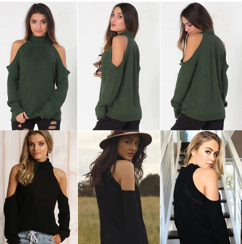Solid Color High Neck Off-Shoulder Knit Sweater for Women