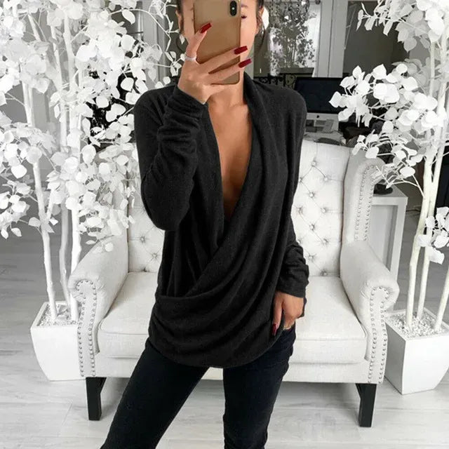 V Neck Long Sleeve Pleated Wrap Blouse