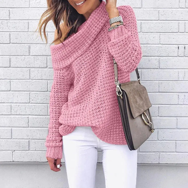 Women's Solid Color High Neck Off-Shoulder Knit Sweater