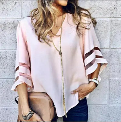 V-Neck Mesh Patchwork Top