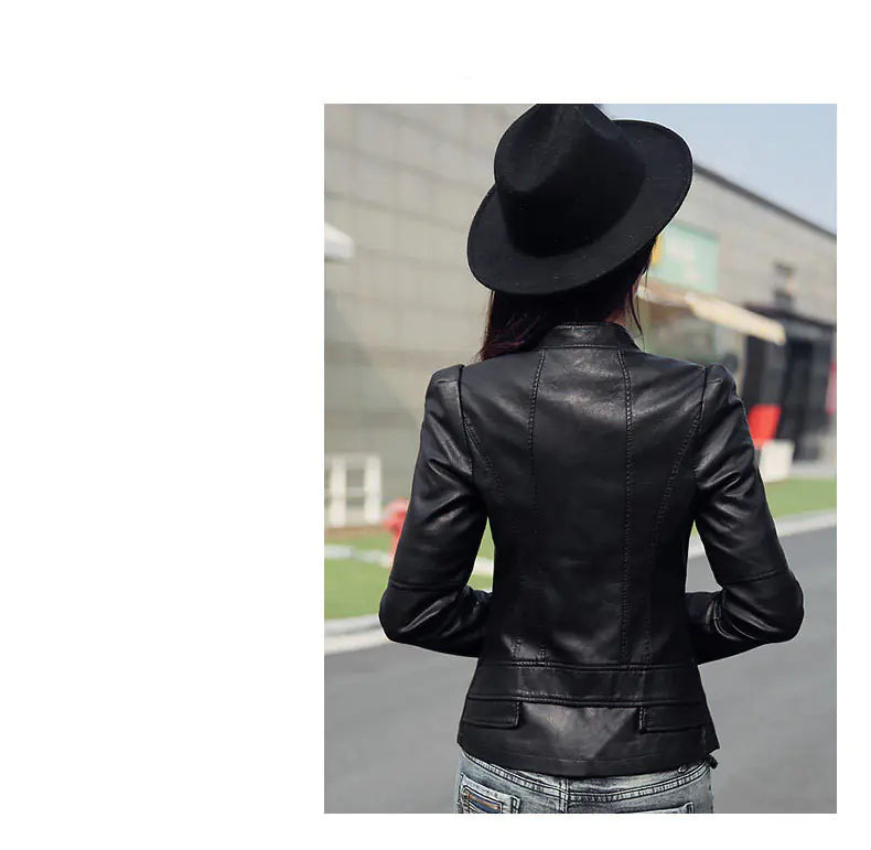 2019 Spring Autumn Women's Slim Fit PU Leather Jacket