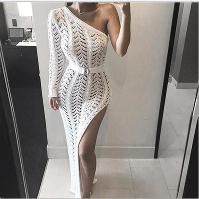 Off-Shoulder Knit Sweater Dress with Belt